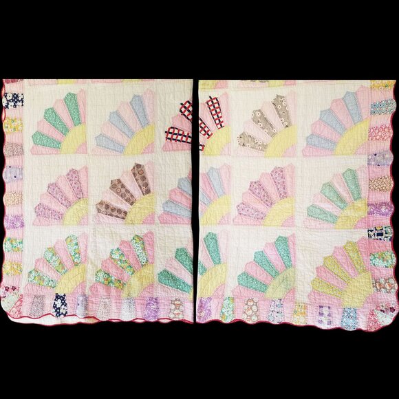 Vintage Quilt 1930s Fan Motif Handsewn w/20s-30s Cotton Fabrics - Picture 13 of 16